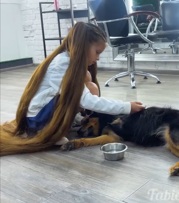 bambina taglia i sui lunghi capelli per aiutare un cane